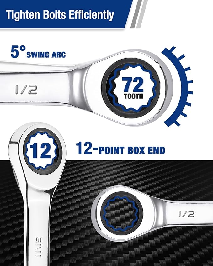WORKPRO 1/2" Ratcheting Combination Wrench SAE, CR-V Constructed with Mirror Polish Chrome Plating, 12-Point Design, 15-Degree Offset