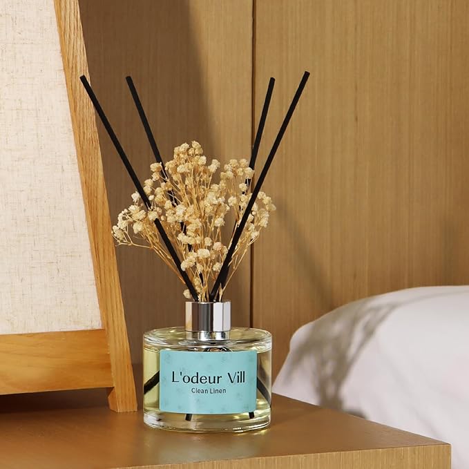 L'odeur Vill Reed Diffuser Set, 6.7 oz(200ml) Clean Linen Scented Diffuser with 6 Oil Diffuser Sticks, Home Fragrance Essential Oil Reed Diffuser for Home Large Rooms Bathroom Shelf Decor