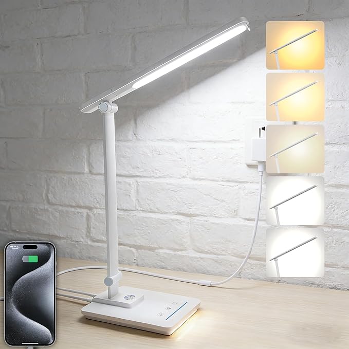 TECHNOVA LED Desk Lamp with 5 Color Temperatures | Sliding Stepless Dimming & One-Touch Timer | Foldable & Portable Design for Office/Study/Nail Art | Four-Axis Rotation for Small Desks