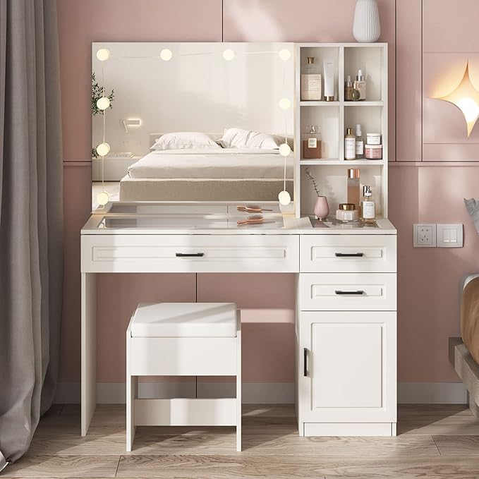 Fameill White Vanity Desk with Mirror and Lights,Glass Top Vanity Table with 3 Drawers and Cabinets,Large HD Mirror Makeup Desk,3 Lighting Modes, Brightness Adjustable,45 in(L)