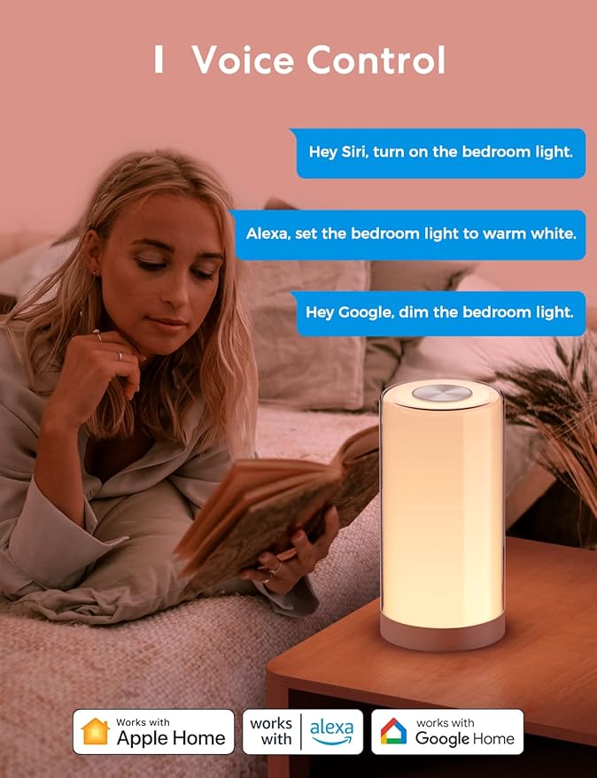 meross Smart Table Lamp, Bedside Lamp, Compatible with Apple HomeKit, Siri, Amazon Alexa and SmartThings, Tunable White and Multi-Color, Touch Control, Voice and App Control