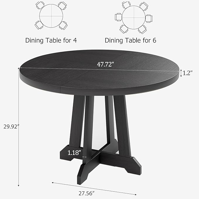 GarveeHome Round Dining Table for 4,Kitchen Dining Room Circle Dinner Pedestal Table,Space Saving Wood Kitchen & Dining Room Furniture,Black 47-inch Diameter