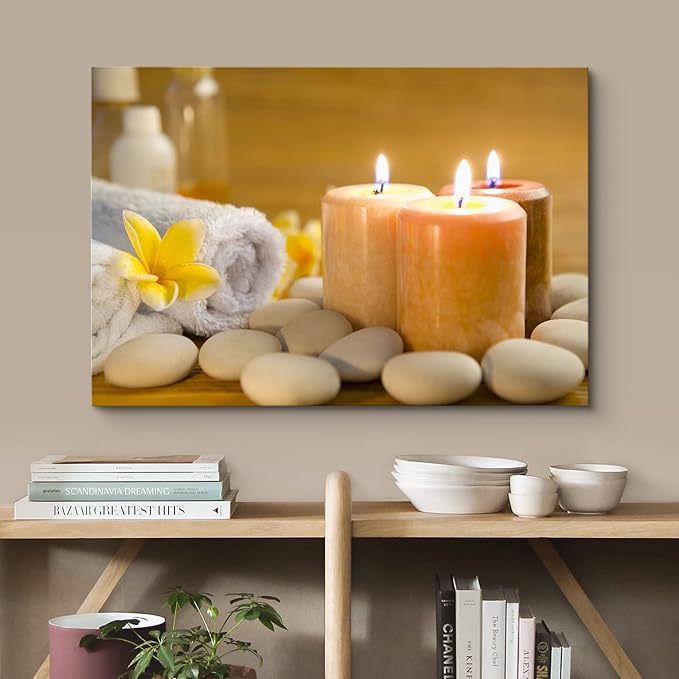 wall26 Canvas Print Wall Art Lit Spa Candle Trio with Stones & Yellow Blossoms Nature Wilderness Photography Realism Chic Scenic Relax/Calm Multicolor for Living Room, Bedroom, Office - 16$\