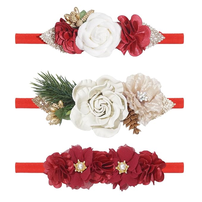 Baby Girl Flower Headbands for Christmas, 3pcs Elastic Nylon Floral Hair Band, Bows Wrap for Infant Newborn Toddler