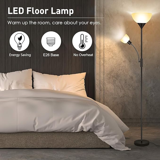 Floor Lamp, Standing Lamp, Torchiere Floor Lamp with Adjustable Reading Lamp, 71" Tall Pole Lamps, 3 Way Switch, Plastic Lampshade, Corner Floor Lamps for Living Room, Bedroom(E26 Base, No Bulb)-Black