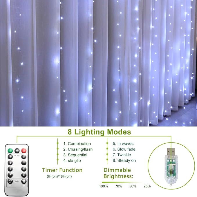 Curtain String Lights, 300 LED Fairy Lights with 8 Light Modes, 9.8x9.8Ft Remote Controlled Plug-in Fairy String Lights for Christmas, Bedroom, Indoor, Outdoor, Weddings, Party Decor (White)