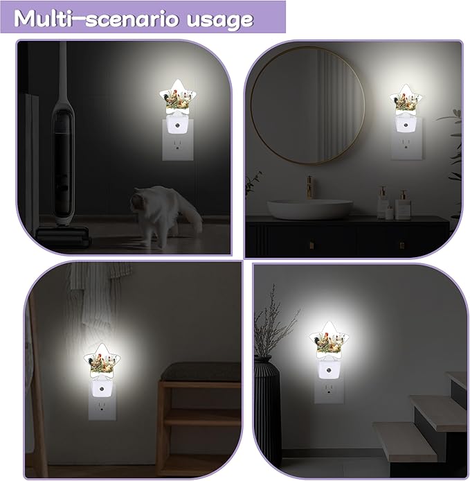 Chickens Hens Decorative Nightlight Plug in Wall,Grass Star Shaped Night Light with Built in Sensor for Home Decor,Kitchen Hallway Stairs Desk Lamp