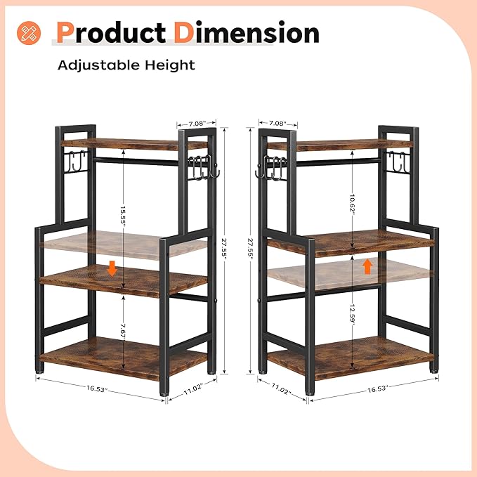 Kitchen Countertop Organizer,3 Tier Large Spice Rack Organizer with Adjustable Shelf and 5 Hooks,Wooden Counter Organizer,Space Saving Countertop Shelf Microwave Stand for Kitchen,Bathroom,Coffee Bar