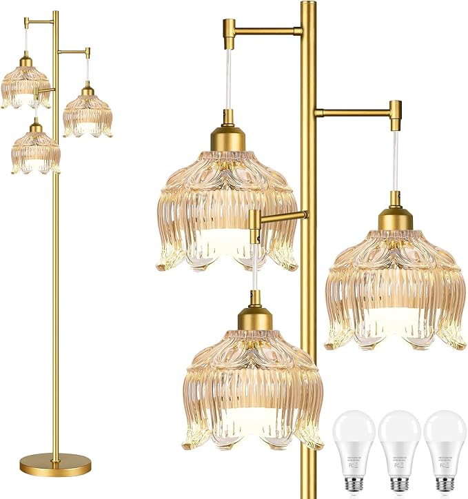 Vintage Floor Lamps for Living Room Bedroom-3 Light Gold Floor Lamp with Glass Lampshape, Flower Tall Lamp Glass Mid Century Standing Lamp Tree Floor Lamp for Living Room Corner