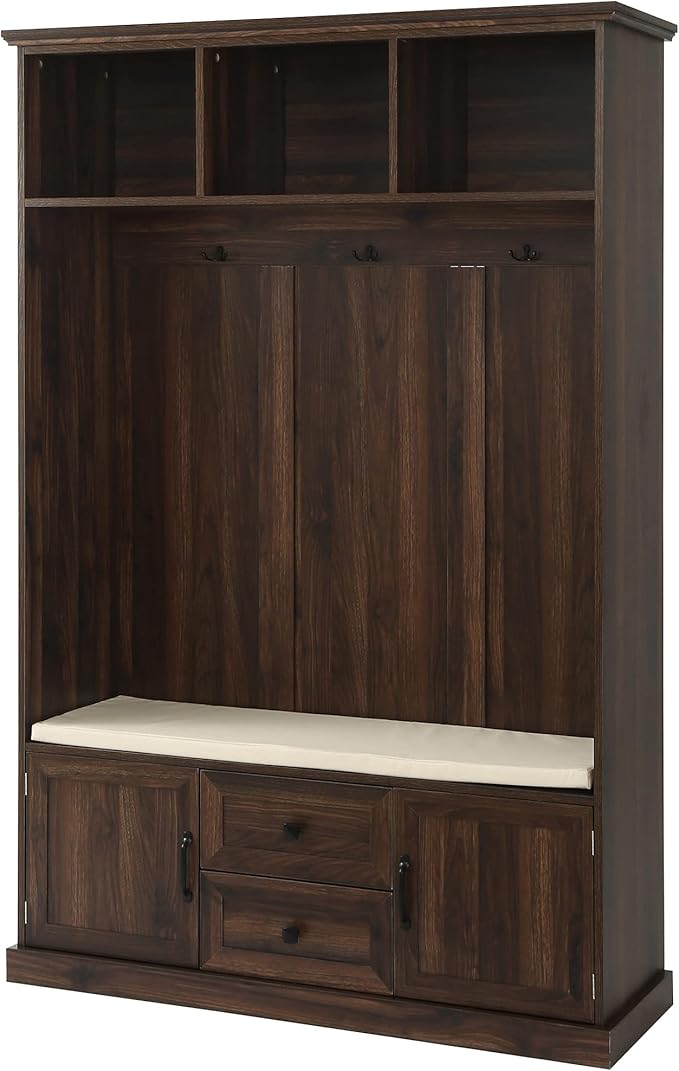 RUNNA Wooden 3-in-1 Hall Tree with 2 Cabinet and 2 Drawers,3 Open Shelves and 3 Hooks,Coat Hanger and Storage Bench,for Livingroom Hallway Entryway Use (Tiger@Hanger)
