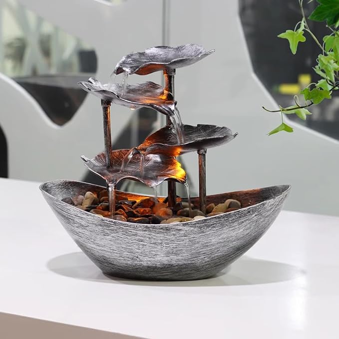 Meditation Decor, Desktop Lotus Leaf Yuanbao Flowing Water Fountain Decoration Living Room Screen Porch Home Decoration, LED Atmosphere Night Light,Office Home Decoralth (C)