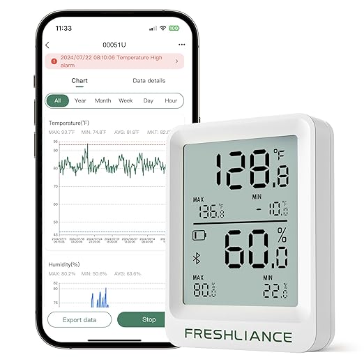 Freshliance Bluetooth Temperature Humidity Data Logger Recorder, Refrigerator Freezer Thermometer Hygrometer, Digital Remotely Temperature Humidity Monitor with Smart APP Data Analysis, BlueTag TH20