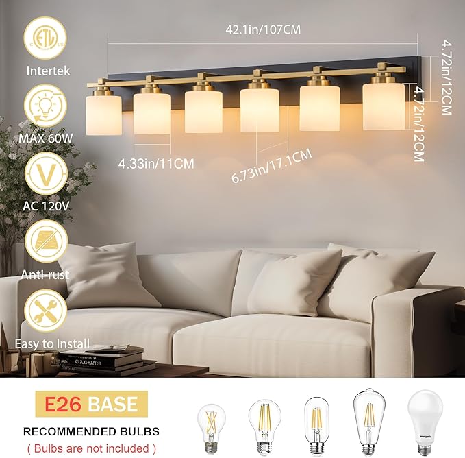 6 Light Modern Bathroom Light Fixtures Over Mirror, Black Gold Vanity Lights for Bathroom Wall Sconces with Milky White Glass Shades, E26 Socket (Bulbs Not Included)