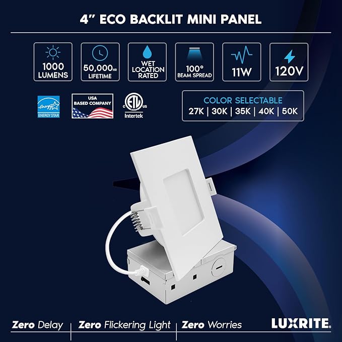 LUXRITE 4 Inch LED Recessed Light, ECO Backlit Mini Panel Spotlight, 5CCT 2700K-5000K, 1000 Lumens, High Output, 11 Watts, Dimmable, IC Rated, Wet Rated, ETL Listed, Energy Star, Square (48 Pack)