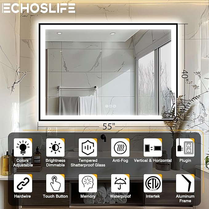 55x40 Bathroom Mirror with LED Lights - Black Framed, Front and Backlit Mirror, Anti-Fog LED Vanity Mirror, 3 Colors and Dimmable Mirror, Waterproof, Corrosion Proof (Horizontal/Vertical)