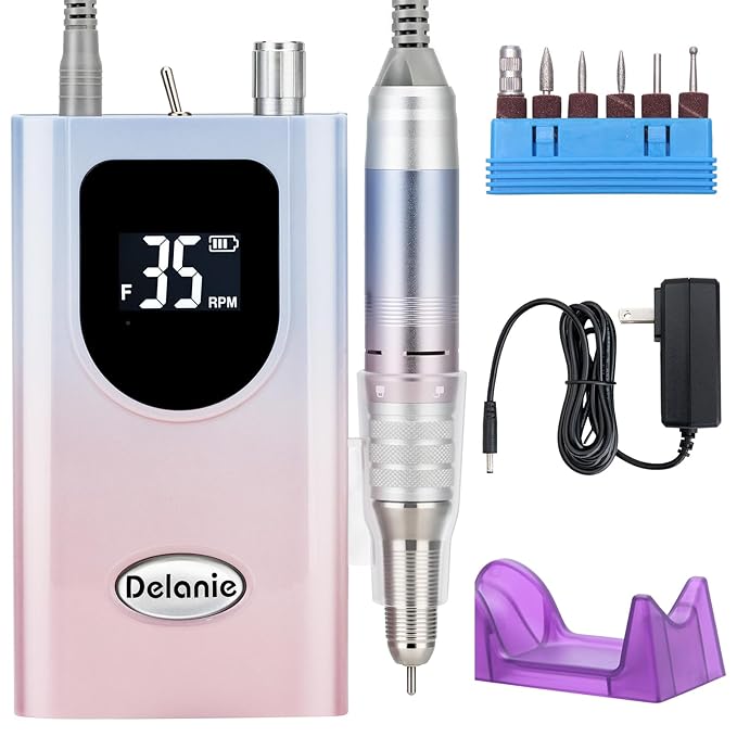 Delanie Professional Nail Drill High Torque 35000 RPM Rechargeable Portable Electric Nail File Filer for Acrylic Gel with Cuticle Bits, Salon Manicure Tool, Gradient Pink