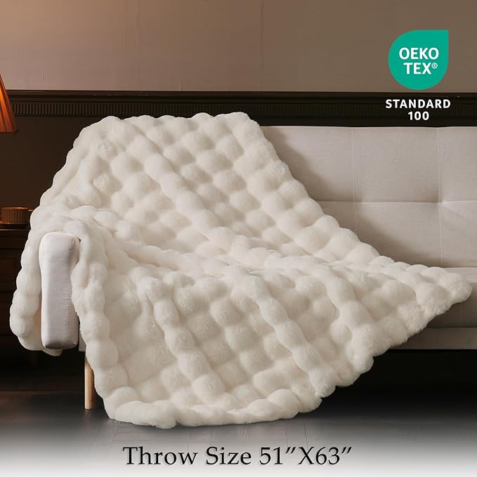 BENVWE Faux Fur Throw Blanket for Couch - Thickened Fluffy Soft Bubble Blanket for Living Room Home Decor - Mothers Day Birthday Gifts for Women Men, Cream White, 50" x 60", 1300GSM