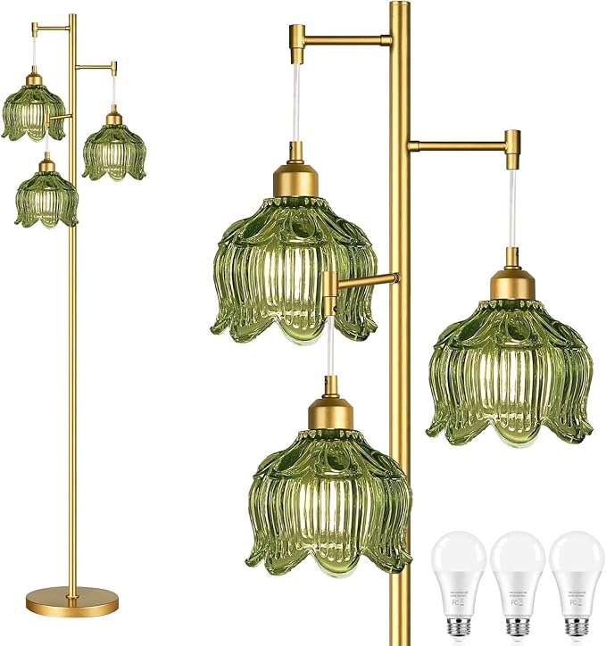Vintage Floor Lamps for Living Room Bedroom-3 Light Gold Floor Lamp with Glass Lampshape, Flower Green Tall Lamp Mid Century Modern Standing Lamp Tree Floor Lamp for Bedroom Living Room Corner
