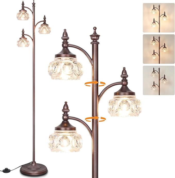 Brown Glass Floor Lamps for Living Room 66.5'' Standing Lamp with 3 Brightness Lights Vintage Mid Century Modern Pole Bronze Tree Lamp for Bedroom Office(3LED Bulbs Included)
