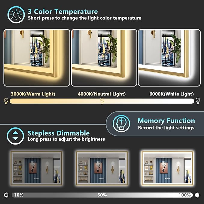 50x40 Gold Beveled LED Bathroom Mirror with Lights, Brushed Gold Framed Backlit and Front Lit Anti-Fog Lighted Vanity Mirrors for Bathroom Wall, Dimmable, 3 Colors, Memory, HD Tempered Glass