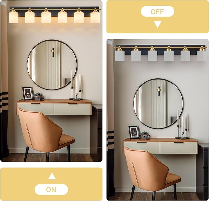 6 Light Modern Bathroom Light Fixtures Over Mirror, Black Gold Vanity Lights for Bathroom Wall Sconces with Milky White Glass Shades, E26 Socket (Bulbs Not Included)
