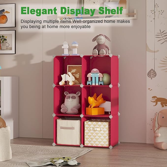 C&AHOME 6-Cube Storage Organizer, Stackable Storage Cubes Shelves, Portable Bookshelf, Plastic Clothing Storage Closet Organizer, DIY Modular Shelving Units for Wardrobe, Home, Red