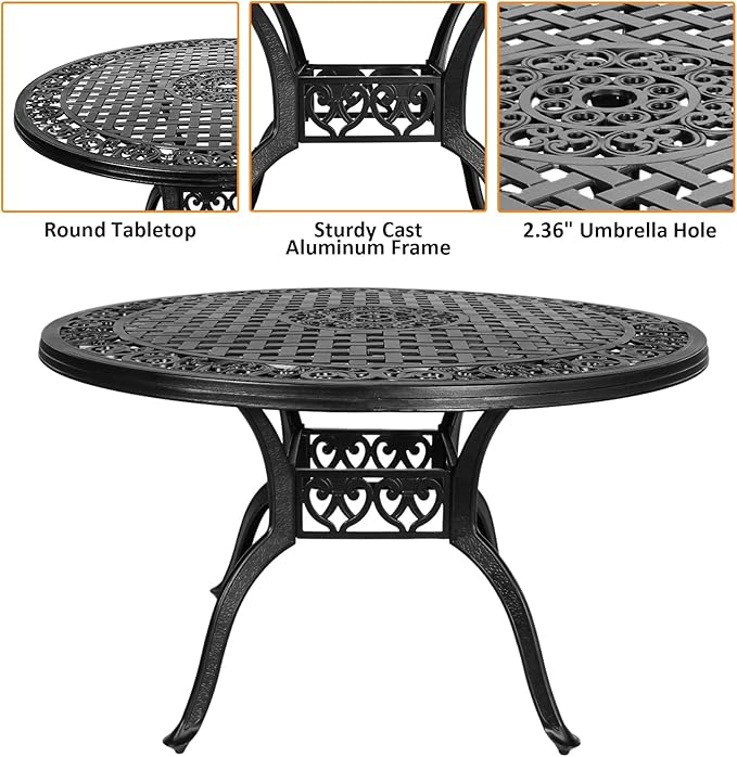 Cast Aluminum Patio Table,48" Round Patio Dining Table for 4-6 Person with Umbrella Hole,Metal Patio Table Outdoor Round Bistro Dining Table for Garden,Yard,Black