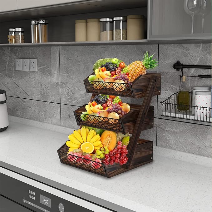 Dorhors Fruit Basket for Kitchen, 3 Tier Fruit Bowl for Kitchen Counter,Wooden Vegetable Holder for Countertop