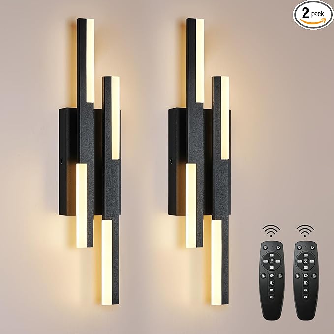 Benkut Modern LED Vanity Lights Set of 2, Black Wall Sconce with Remote Control Dimmable Indoor Wall Light Bedside Remote Sconce for Bedroom Bathroom Living Dining Room (2 Pack H19.7’’)