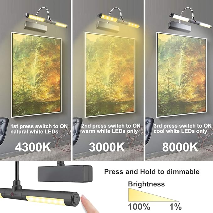 LUXSWAY Picture Light Battery Powered, Wireless Painting Lights with Remote, 3 Modes Brightness Art Display Lighta, 8.9 Inch Rotatable Light Head and Timer Off for Painting Poster Portrait -Small