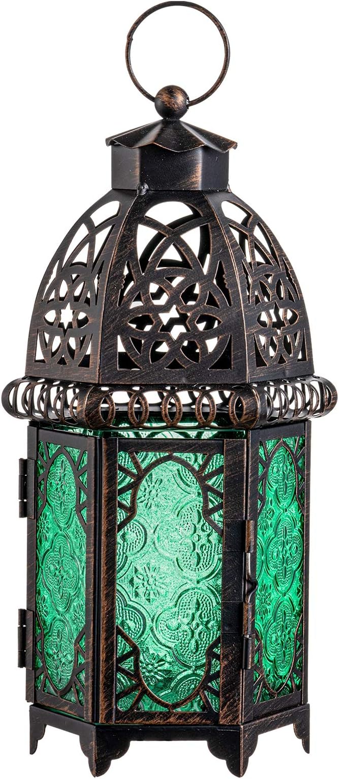 NEEDOMO Hanging Moroccan Lantern, 12.8'' Vintage Candle Holder, Metal Lanterns Decorative Indoor Outdoor, Table, Patio, Porch, Shelf, Gothic Home Decor (Green, Large Size)