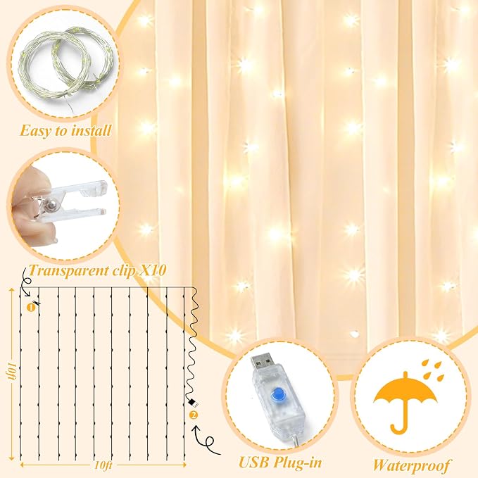 Ledido 3 Pack 10×8ft Champagne Tulle Backdrop Curtain with Lights String - 900LED Fairy Light Sheer Curtain Backdrop for Wedding Baby Shower Photo Shoot Birthday Party Decor(6 Panels 5×8ft)，Champagne