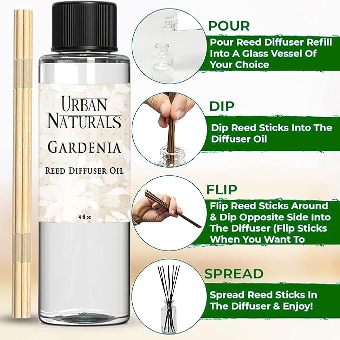 Urban Naturals Gardenia Scented Oil Reed Diffuser Refill | Includes a Free Set of Reed Sticks! Jasmine, Ylang Ylang, Tuberose & Amber Notes, 4 oz (2 Pack)