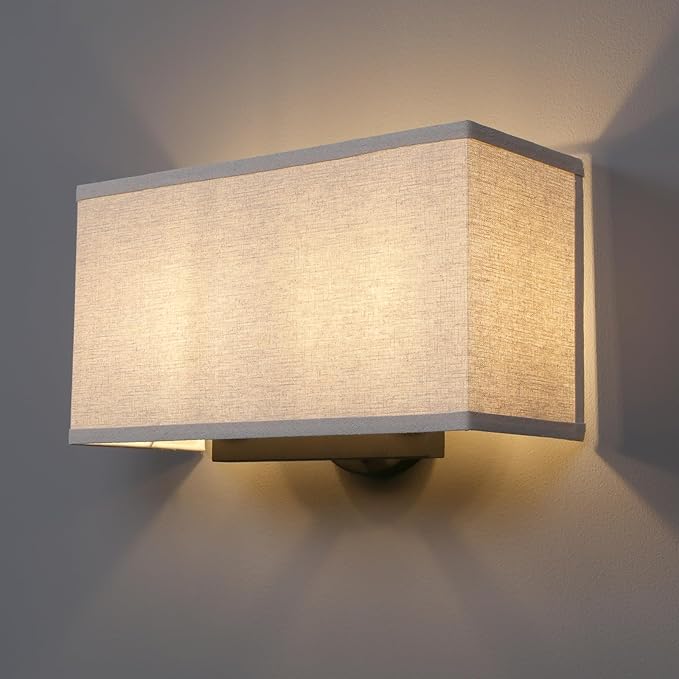 Yosoan Linen Boho Wall Sconce Stairwell Fixture Light, 2-Light Indoor Hardwired Vanity Dual Vintage Industrial Bedside Sconce Wall Mount Lighting Square Fabric Shade for Hallway Kitchen Living Room