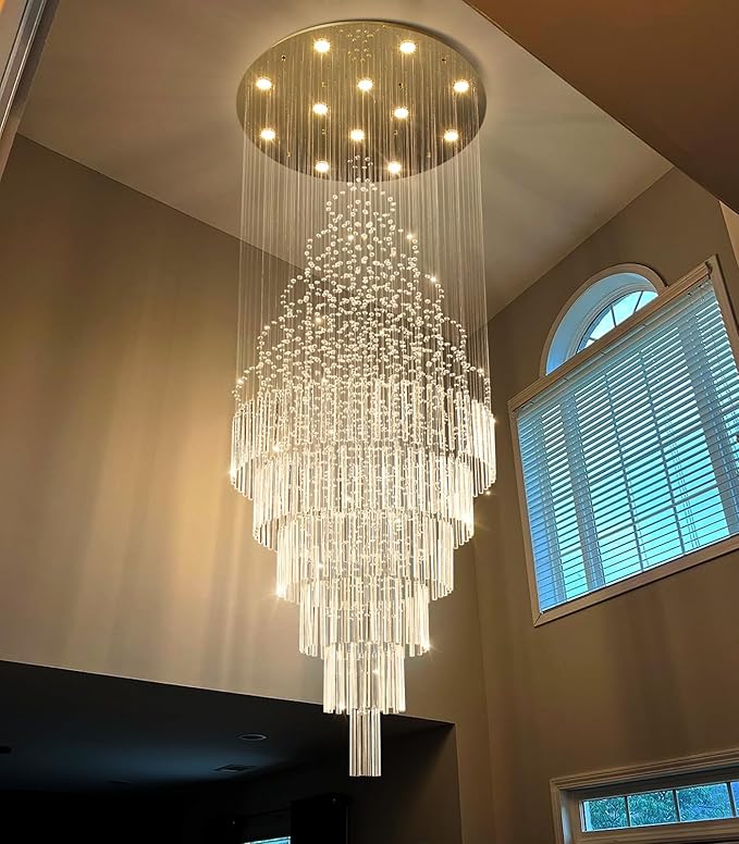 W32 x H100 Glam Chandelier with LED Bulbs Crystal Raindrop High Ceiling Pendant Light for Entrance Large Villa Chandelier Foyer Lighting Fixtures Gold