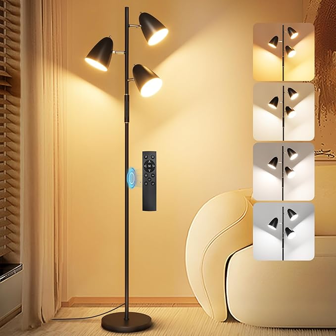 QiMH LED Floor Lamp for Living Room, Modern Dimmable Standing Lamp with 4 Color Temperature,Remote and Touch Control, Tree Floor Lamp for Bedroom with 3 Rotatable Lights Bright Stand up Lamp, Black