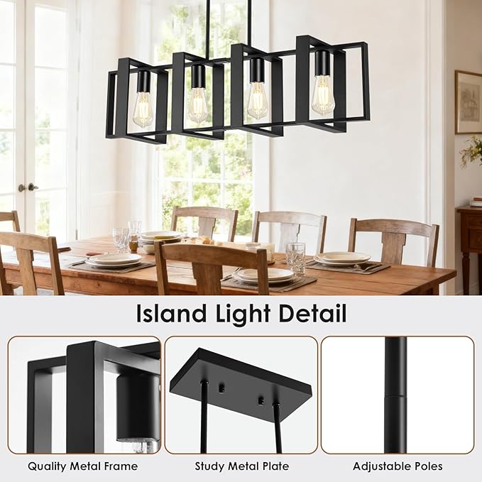 Dining Room Light Fixture, 4-Light Kitchen Island Lighting, Height Adjustable Island Lights For Kitchen, Black Linear Chandeliers For Dining Room, Metal Farmhouse Chandelier for Living Room(No Bulb)