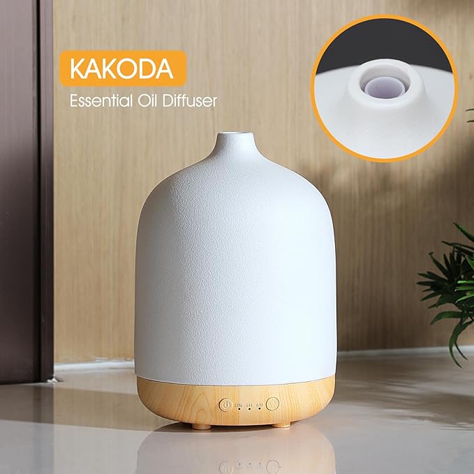 Ceramic Essential Oil Diffusers for Home, Decorative Bedroom Aromatherapy Scent Air Diffuser Ultrasonic Aroma Defusers 250ml with Timed-Wood Grain+White