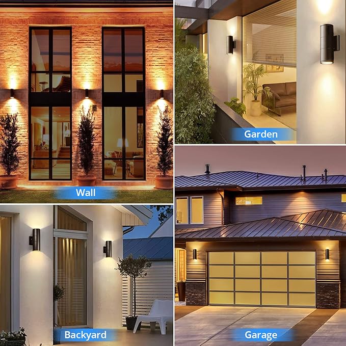 wowlite Dusk to Dawn Outdoor Light Fixture, Up and Down Lights Outdoor Lights for House, Waterproof Modern Cylinder Black Exterior Lighting Fixtures for Front Door Garage ETL Listed, 2 Pack