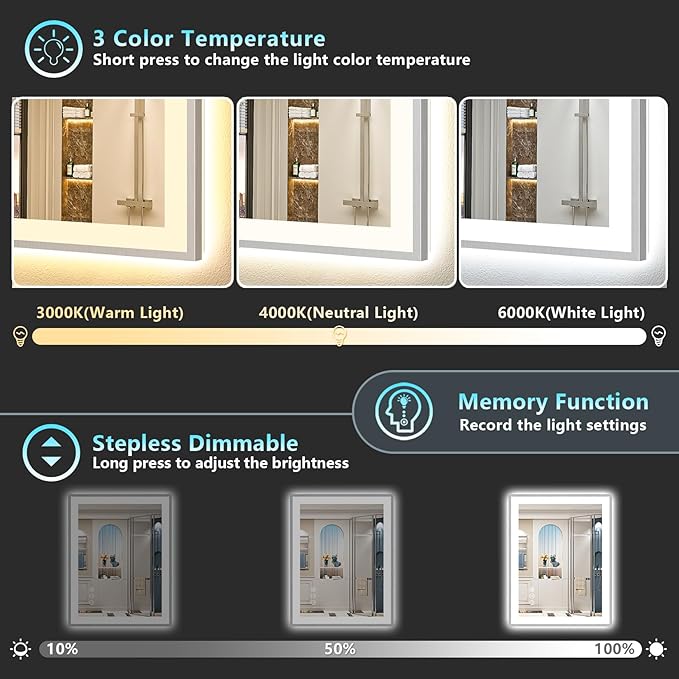 32x36 Brushed Nickel LED Bathroom Mirror with Lights, Sliver Framed Backlit and Front Lit Anti-Fog Lighted Vanity Mirrors for Bathroom Wall, Dimmable, 3 Colors, Memory, Tempered Glass, CRI＞90