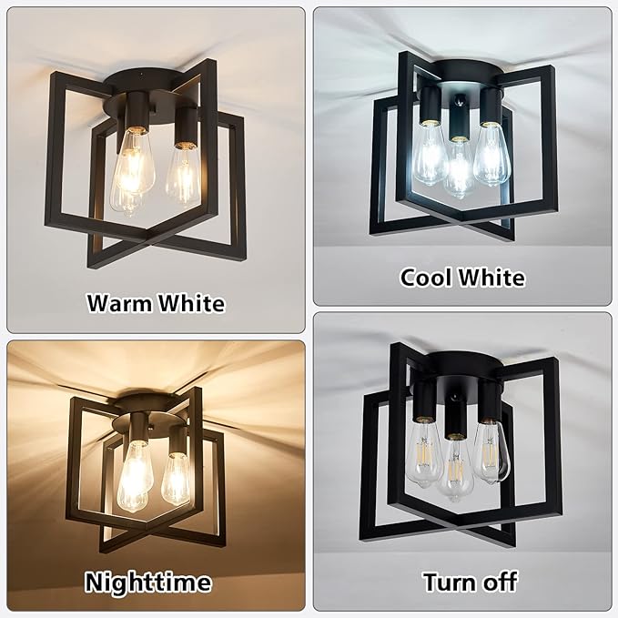 ZGLAOJT 3-Lights Ceiling Light Fixture,Industrial Black Semi Flush Mount Chandelier,Ceiling Lighting for Kitchen Living Room Bedroom Farmhouse Hallway Foyer