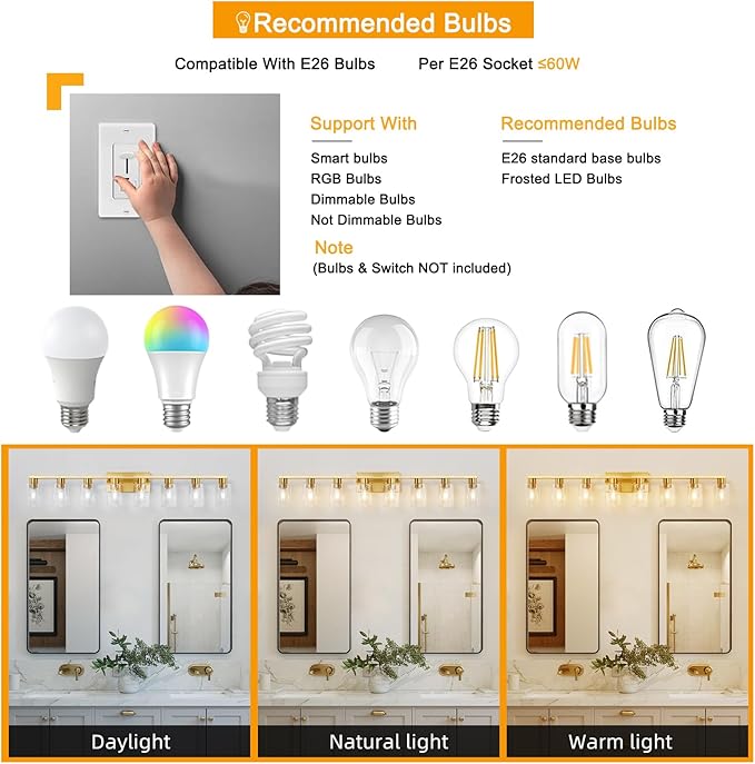 8 Light Gold Bathroom Light Fixtures, Modern Large Vanity Lights with Clear Glass Shade, Brushed Brass Bathroom Lighting Fixtures Over Mirror, Wall Scones Light for Bedroom, Living Room