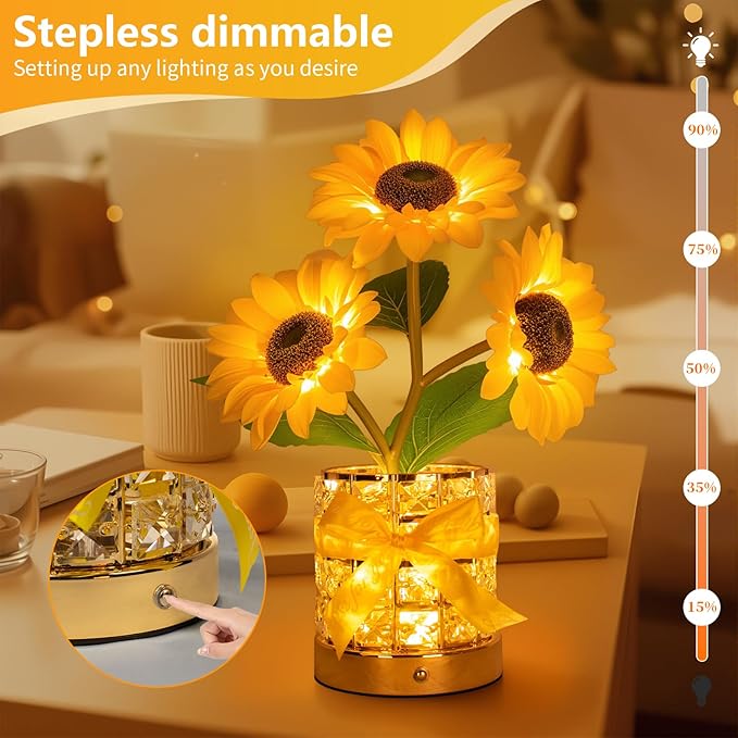 Sunflower LED Lamp,USB Rechargeable Touch Night Light, 3 Color Stepless Dimmable,Small Battery Flower Decor for Bedroom, Restaurant, Bar – Birthday, Mother’s Day,Wedding Gifts for Women,Mom