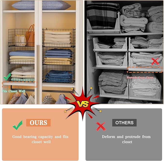 6-Tier Stackable Closet Organizers and Storage Shelves, Closet Shelf Organizer Basket Bins, Foldable Sweater Storage for Clothes Organizer System, Black（Patent Pending）