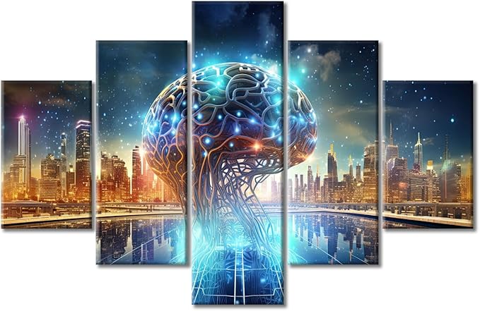 5 Pieces Canvas Prints Smart Brains for Future Cities Wall Art Human Brain Energy Modern Home Decor Poster Living Room Bedroom Decoration Brain Artwork Painting Framed Ready to Hang, (60"Wx40"H)