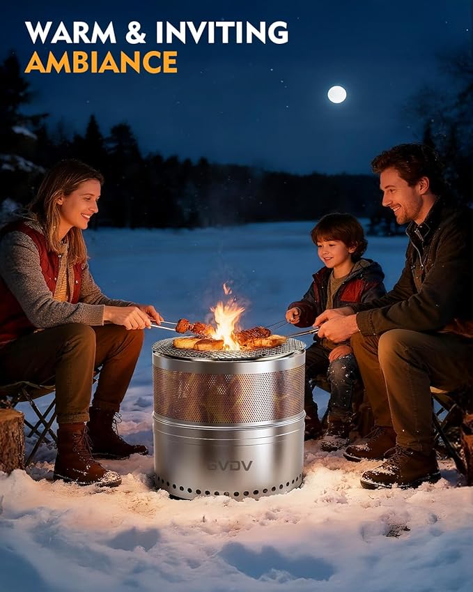 GVDV Smokeless Firepit, 20 Inch Outdoor Fire Pit with Grill & Removable Ash Pan, Hollow-Carved Design, Camping Fire pits for Outside Wood Burning, Portable Bonfire Stove with Carry Bag
