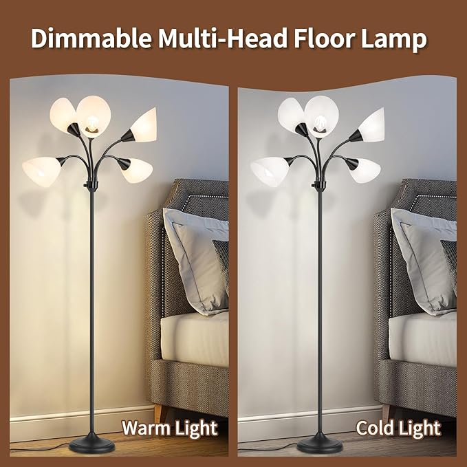HonoDing Medusa Floor Lamps Standing Lamps 5 Heads Adjustable Reading Light Large Shade Use E26 A19 Bulb Floor Lamps for Living Room Bedroom (Black)