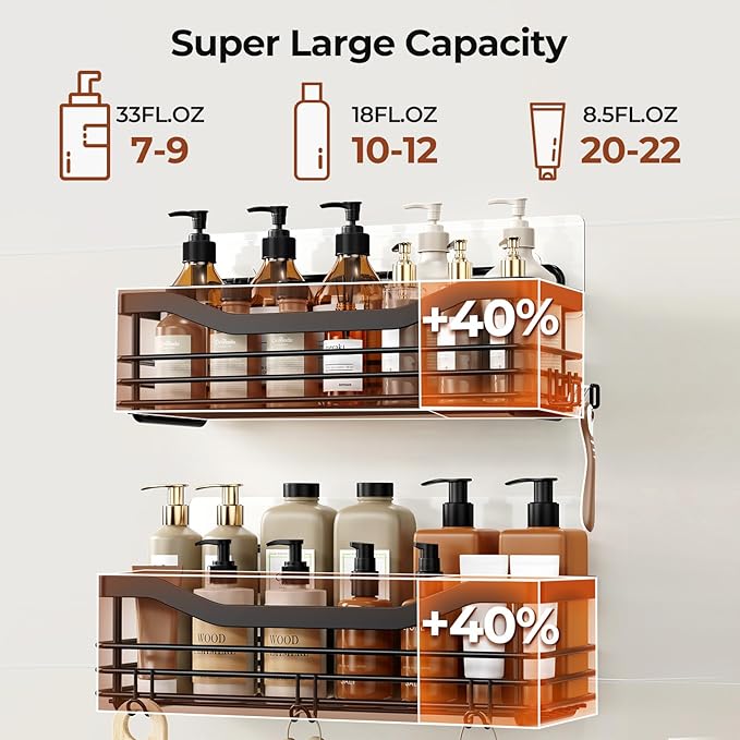 Orimade Adhesive Shower Caddy Shelf with 5 Hooks Organizer Storage Rack Rustproof Wall Mounted Stainless Steel No Drilling for Bathroom, Toilet, Kitchen - 2 Pack,Black