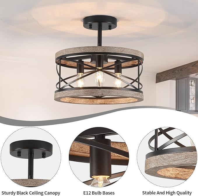 Farmhouse Flush Mount Ceiling Light Fixture, 3-Light Rustic Ceiling Lights Round Drum Metal Industrial Entryway Light Fixture for Hallway Living Room Bathroom Dining Room Kitchen