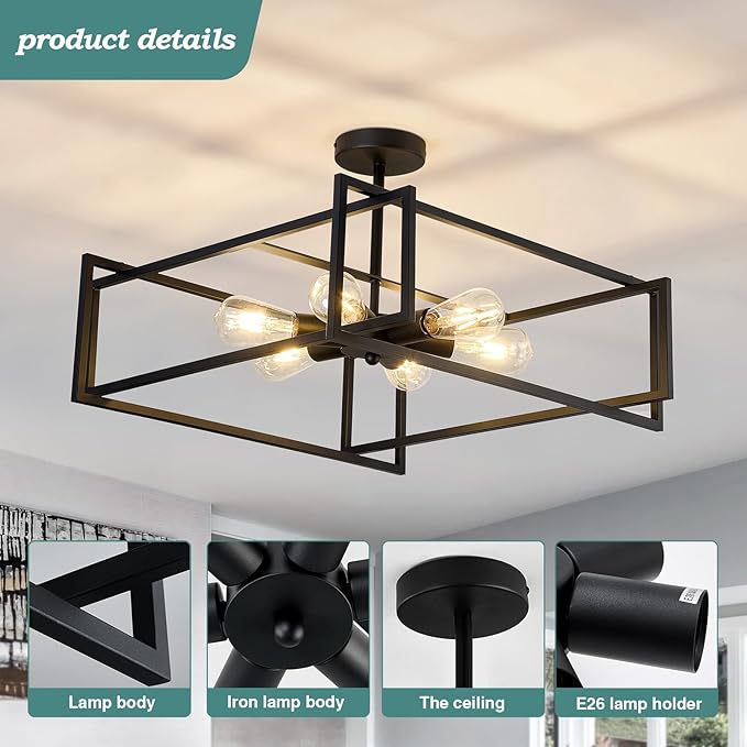 ZGLAOJT 6-Lights Close to Ceiling Light 22.83 Inch Black Light Fixture Industrial Flush Mount Ceiling Large Farmhouse Chandelier Lighting for Kitchen Island Dining Room Bedroom Foyer Hallway